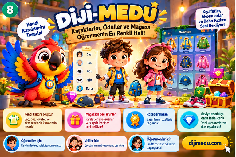 dijimedu's tweet photo. 🎨 Kendi karakterini tasarlamaya hazır mısın?

🦜 Diji-Medu'da:
👕 Karakterini özelleştir
🛍️ Mağazayı keşfet
🏅 Rozetler ve ödüller kazan
⭐ Seviye atladıkça yeni sürprizlerle tanış!
İngilizce öğren, kendi maceranı oluştur!
🚀 https://t.co/ZNb7WhDimr
#DijiMedu https://t.co/dTAcIt0Dza