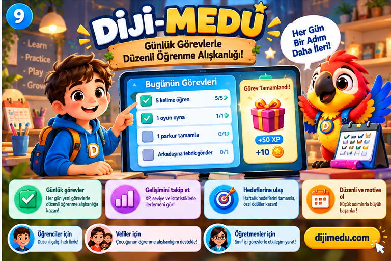 dijimedu's tweet photo. 🎯 Her gün küçük bir adım, büyük bir başarı!

🦜 Diji-Medu ile:
✅ Günlük görevlerini tamamla
📚 Yeni İngilizce kelimeler öğren
⚡ XP ve ödüller kazan
📊 Gelişimini takip et
��‍👩‍👧 Veliler, 👩‍🏫 öğretmenler ve öğrenciler için!
🌐 https://t.co/ZNb7WhDimr
#DijiMedu https://t.co/n2F6SLmKLp
