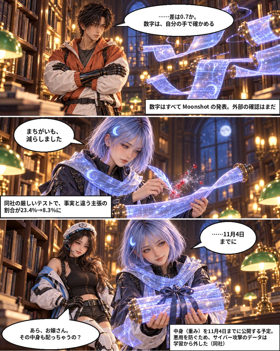 hyperhouse_ai's tweet photo. 【ハイパーハウス】中国のMoonshot AIが新モデル「Kimi K3.1 Pro」を発表。長い資料を一気に読み、ゲームや3Dモデルまで作れる。モデルの中身も11月4日までに公開予定。本の虫ユエ・キミが、夜の図書館で新しい特技を披露します（性能の数字は同社の発表）
#ハイパーハウス #AIニュース #Kimi https://t.co/59YE863ow0