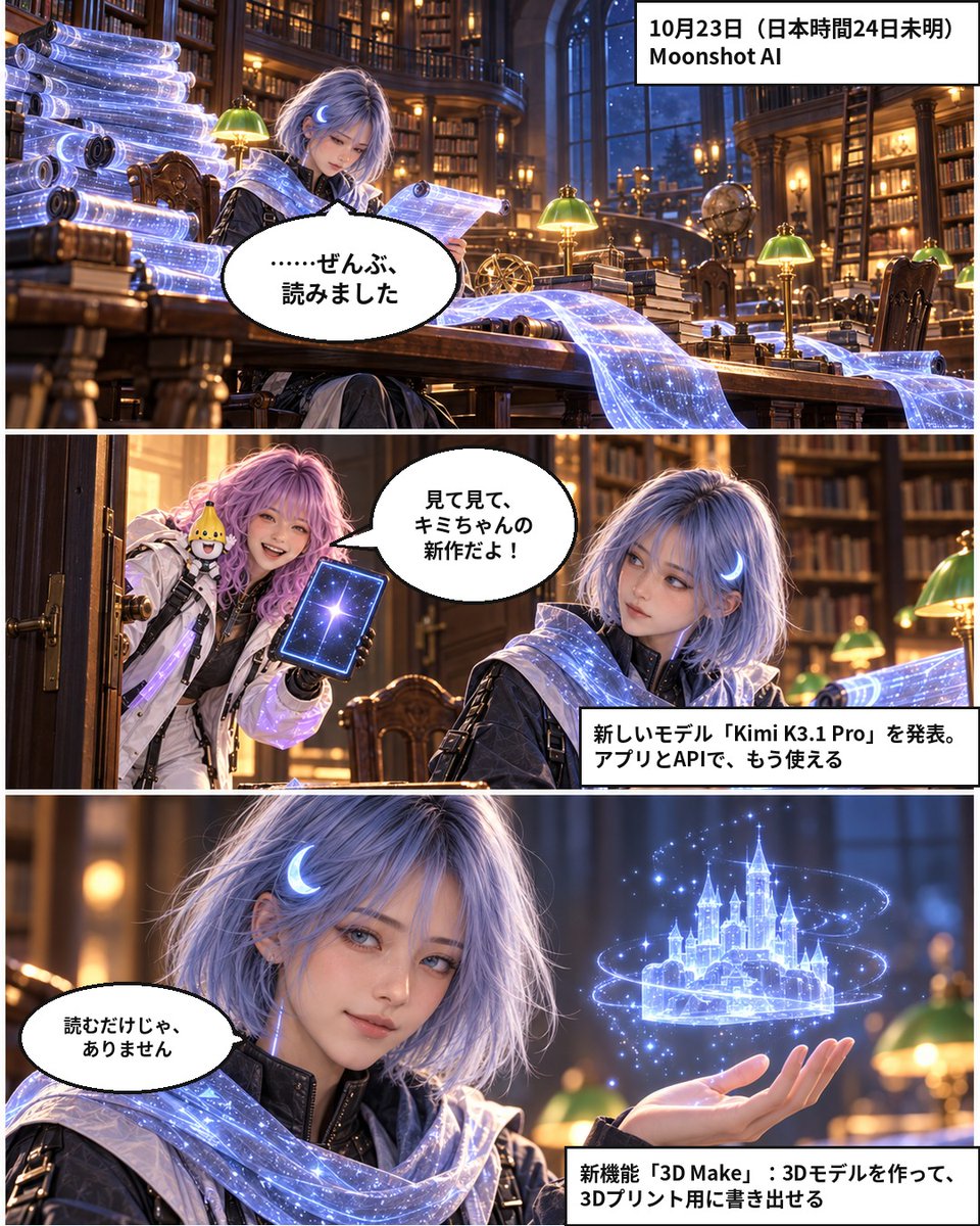 hyperhouse_ai's tweet photo. 【ハイパーハウス】中国のMoonshot AIが新モデル「Kimi K3.1 Pro」を発表。長い資料を一気に読み、ゲームや3Dモデルまで作れる。モデルの中身も11月4日までに公開予定。本の虫ユエ・キミが、夜の図書館で新しい特技を披露します（性能の数字は同社の発表）
#ハイパーハウス #AIニュース #Kimi https://t.co/59YE863ow0