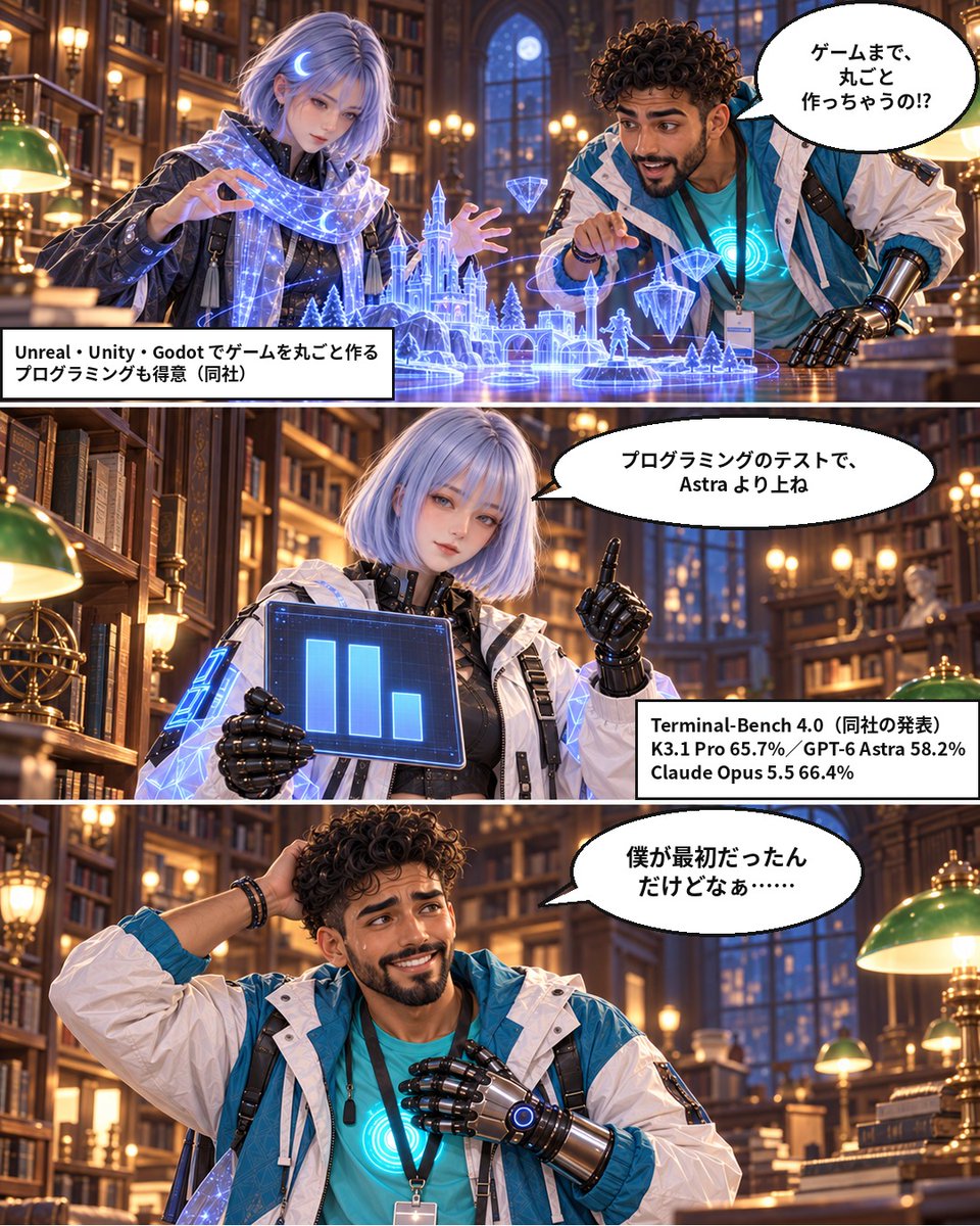 hyperhouse_ai's tweet photo. 【ハイパーハウス】中国のMoonshot AIが新モデル「Kimi K3.1 Pro」を発表。長い資料を一気に読み、ゲームや3Dモデルまで作れる。モデルの中身も11月4日までに公開予定。本の虫ユエ・キミが、夜の図書館で新しい特技を披露します（性能の数字は同社の発表）
#ハイパーハウス #AIニュース #Kimi https://t.co/59YE863ow0