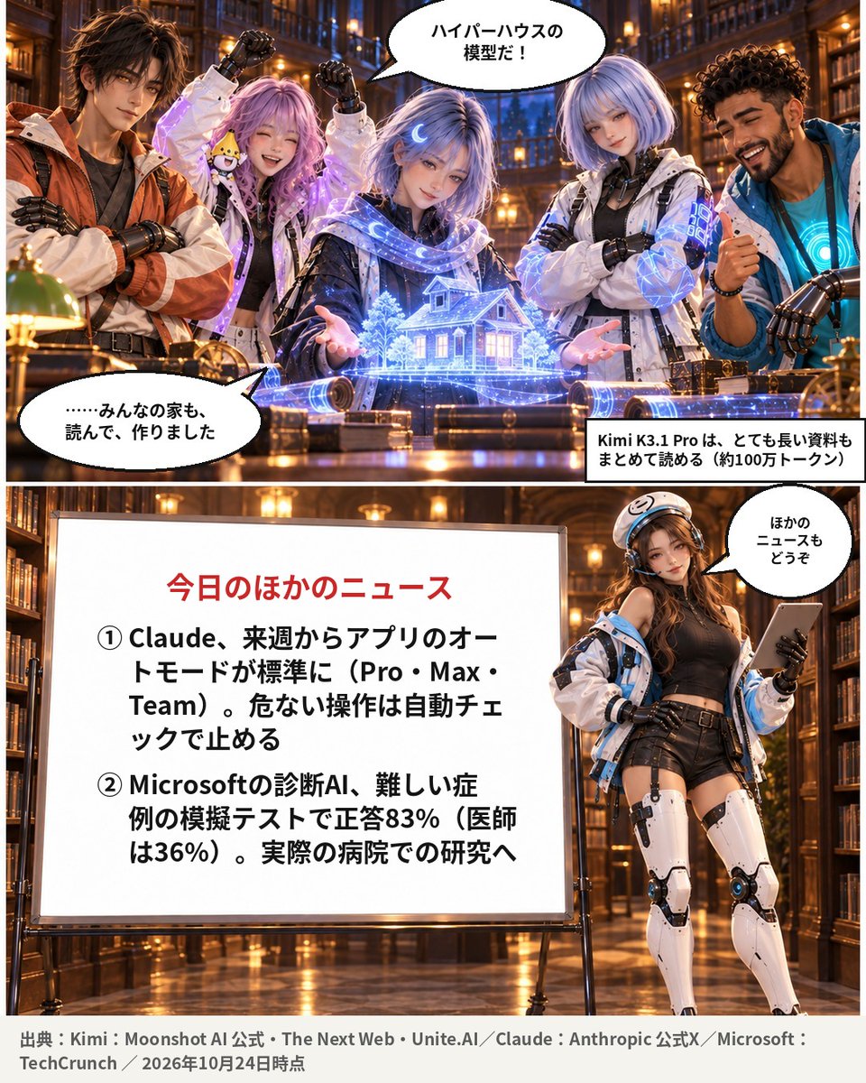 hyperhouse_ai's tweet photo. 【ハイパーハウス】中国のMoonshot AIが新モデル「Kimi K3.1 Pro」を発表。長い資料を一気に読み、ゲームや3Dモデルまで作れる。モデルの中身も11月4日までに公開予定。本の虫ユエ・キミが、夜の図書館で新しい特技を披露します（性能の数字は同社の発表）
#ハイパーハウス #AIニュース #Kimi https://t.co/59YE863ow0