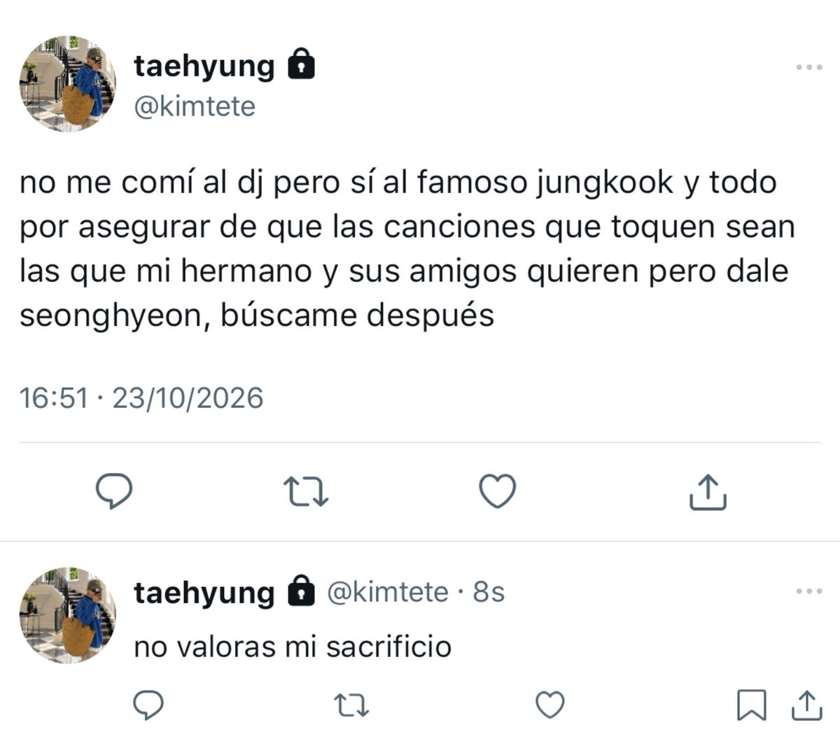 koovexz's tweet photo. #kooktae au     |     vip   ᯓ★

𝘁𝗮𝗲𝗵𝘆𝘂𝗻𝗴 pensó que solo iría a acompañar a su hermano y a los amigos de este a un simple concierto de su artista favorito, nunca se imaginó que terminaría con 𝗷𝘂𝗻𝗴𝗸𝗼𝗼𝗸 en el backstage comiéndose la boca https://t.co/12MO5PEIZe