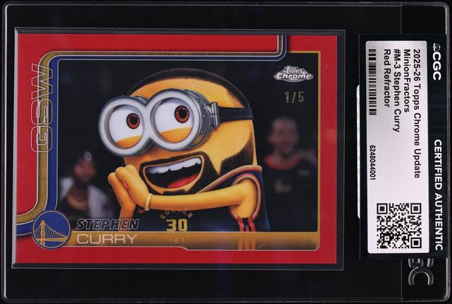 SportsCardInv's tweet photo. Minion sale ‼️

This 025 Topps Chrome Update MinionFractors Red Refractor Stephen Curry 1/5 just sold on Fanatics Collect for $117K 👀 https://t.co/0evB9FTewQ