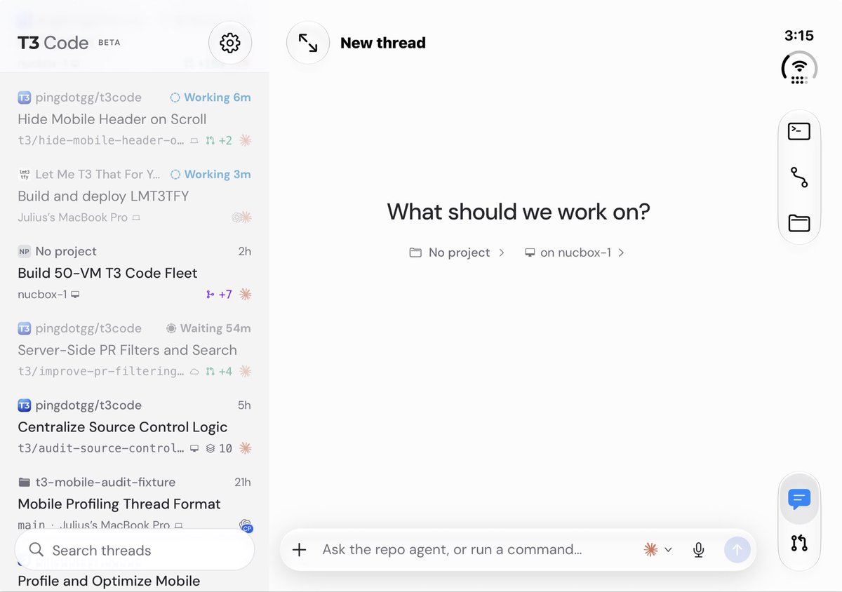 jullerino's tweet photo. T3 Code iOS 2.1.0 is out on the App Store

• Pull requests on the go: Browse changes, follow guided reviews, check activity, and link pull requests to threads. Previously loaded pull requests remain available offline.
• Built for iPhone Duo and iPad: Improved split layouts, navigation, and transitions, with better continuity when folding, unfolding, or resizing.
• A better composer: A compact design that expands as you type, with improved attachments, voice controls, keyboard handling, and consistent behavior between drafts and conversations.
• More reliable offline messaging: Queue messages while disconnected and keep track of pending sends until your environment reconnects.
• Richer conversations: Search messages and plans within a thread, view LaTeX equations and interactive content, and wrap long code blocks.
• More automation options: Create webhook-triggered tasks, filter incoming events, and let agents watch pull requests for checks and review feedback.