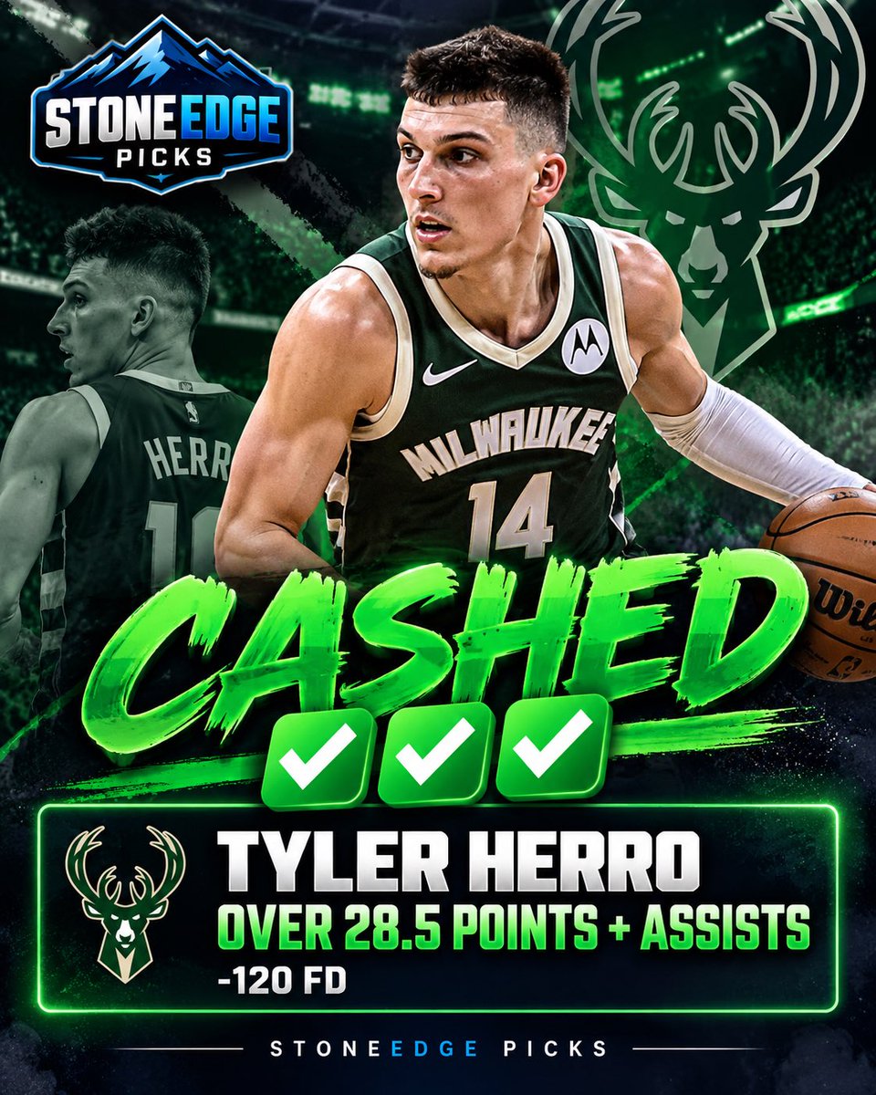 StoneEdgePicks's tweet photo. CASH IT. ✅✅✅

Tyler Herro o28.5 points + assists (-120FD) gets home.

We targeted Herro’s expanded offensive role in Milwaukee, and it pays off. Another winner for STONEEDGE PICKS.

Plenty of basketball left tonight. We keep building.

#StoneEdgePicks #NBA #NBAPicks #SportsBetting #TylerHerro #Bucks