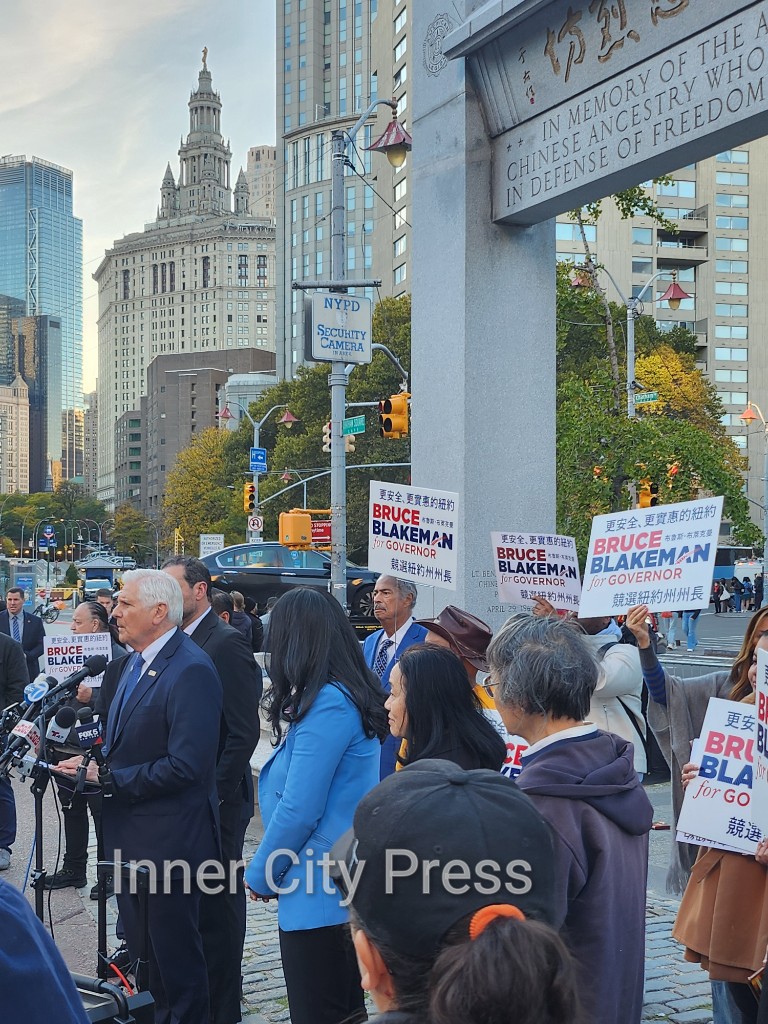 innercitypress's tweet photo. A block from @SDNYLIVE, Bruce Blakeman campaigning in Kimlau Square in Chinatown, whose controversial redesign seems to be going forward, like the Chinatown jail on Baxter Street. Not sure if concurrent Williamsburg events have Q&amp;A: need to be put on list(s : ) https://t.co/NJnnSqy4aw
