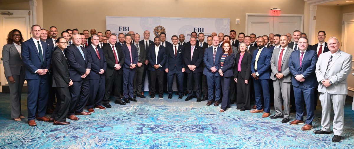 FBIDirectorKash's tweet photo. Huge thanks to @AGToddBlanche addressing our group of @FBI SAC’s from field offices across the country - this is the group of leaders working with our local partners in the field driving the most significant two years of crime reduction in American history.

We are grateful for this Department of Justice and Todd’s leadership backing the blue all the way. Criminals who target Americans no longer have sanctuary here. Justice will find you. 

Thanks to our Office of Law Enforcement Engagement for their support of the event.