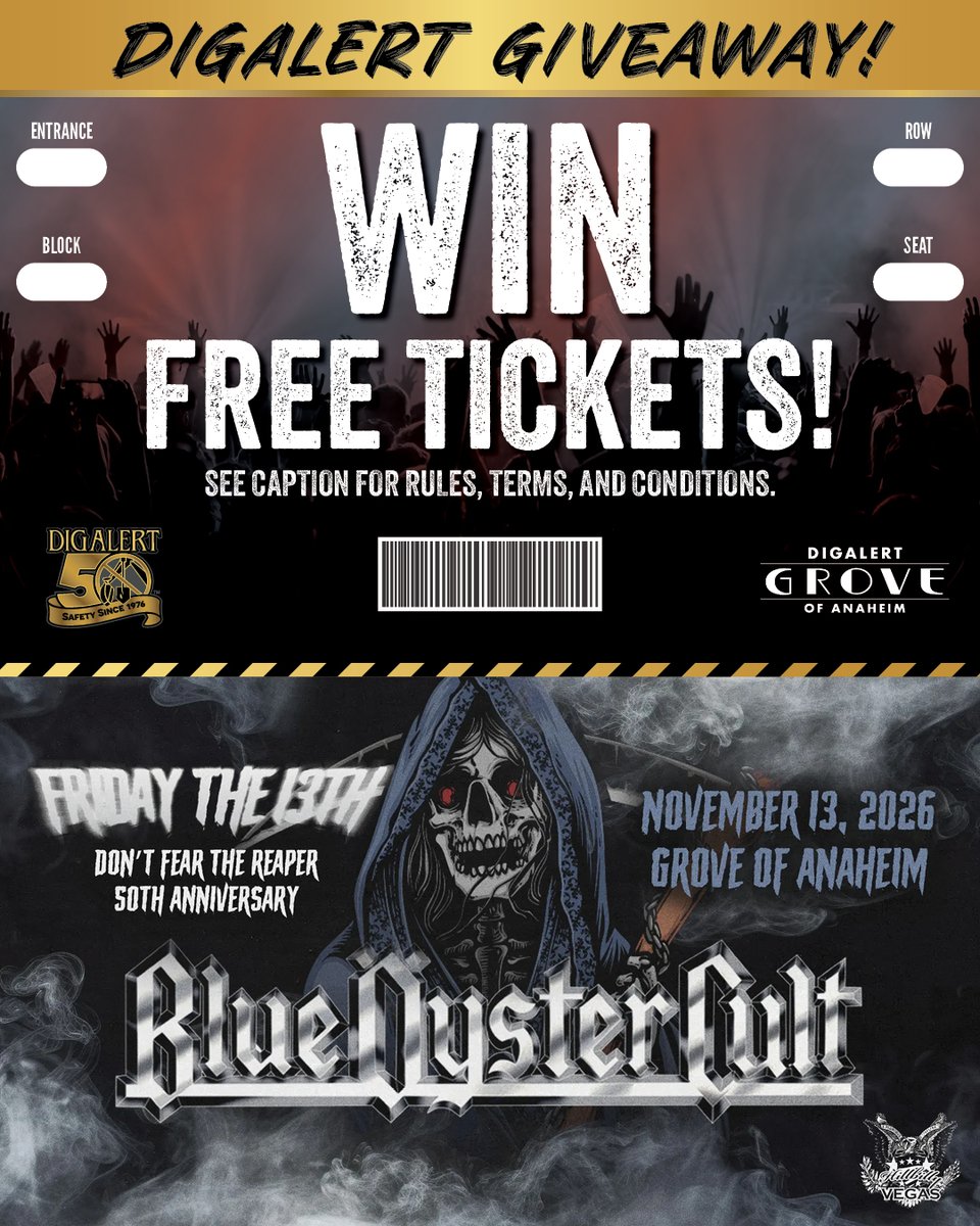DigAlert's tweet photo. 🎸🤘 DON’T FEAR THE REAPER… FEAR MISSING THIS GIVEAWAY! 🔥🎶
Rock legends Blue Öyster Cult are coming to @digalertgrove of Anaheim on Friday, November 13, and DigAlert® wants to give YOU a chance to be there! 🙌

Ready to rock out? Here’s how to enter for your chance to win tickets! 🎟️
✅ FOLLOW our official Facebook account
❤️ LIKE this post
👥 TAG 3 FRIENDS in the comments who may not know about DigAlert®
📲 SHARE this post (Repost)

ENTER BY: November 6 at 11:59 PM PST

*Entrants must be at least 18 years old. Only one entry per person is allowed. Winners must reside in Southern California and confirm their commitment to attend the event at least 7 days before the event date. A Ticketmaster account is required to receive tickets.

#DigAlert #BlueOysterCult #DigAlertGroveOfAnaheim #ConcertGiveaway #ClassicRock