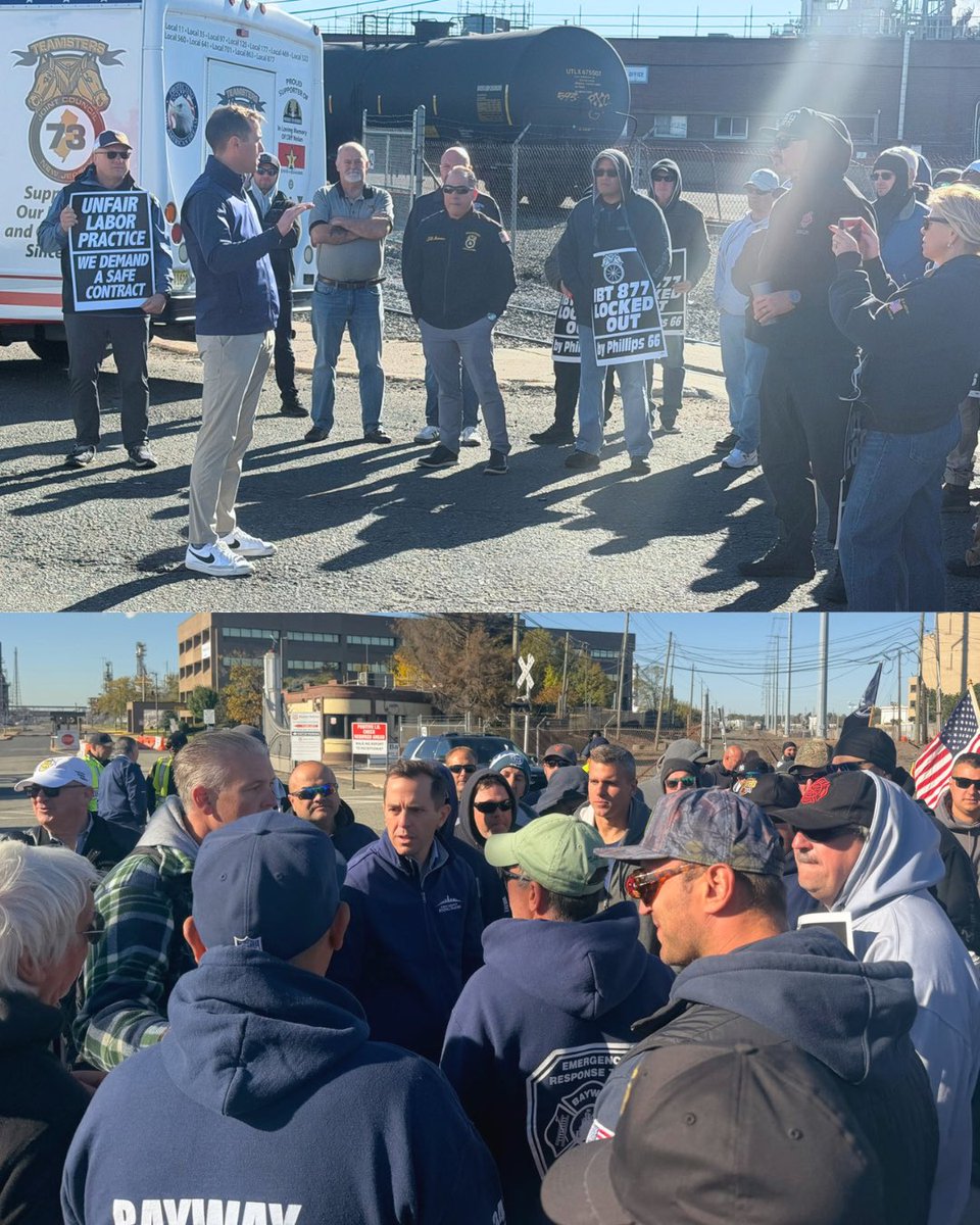 RepMenendez's tweet photo. Today, I stood with workers outside Bayway Refinery in Linden as they fight for fair treatment, better benefits, and safer working conditions. ✊

When workers win, we all win. https://t.co/15UxfIZuMr