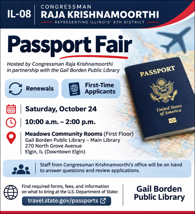 A promotional flyer for a passport fair hosted by Congressman Raja Krishnamoorthi in partnership with the Gail Borden Public Library. It includes event details, information about renewal and first-time applicant services, and illustrations of a passport, airplane, map, and location-related icons. Text appears throughout.