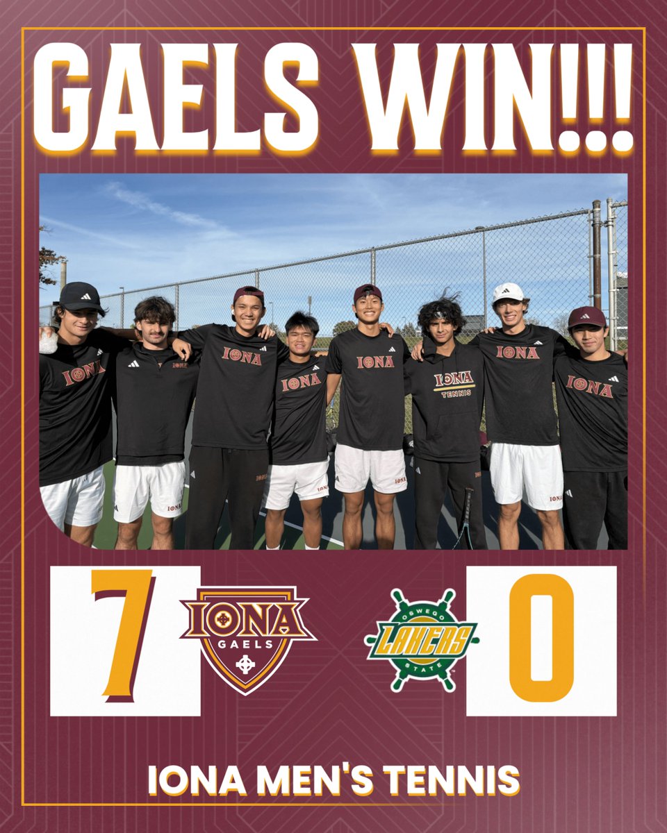 IonaGaels's tweet photo. #GAELSWIN!!!

Nothing but sweeps in Oswego!

@IonaMTennis  rolls past the Lakers, 7-0, sweeping all nine matches to start the road weekend with a DUB!

#GaelNation #GoGaels #everyonelovesacomeback https://t.co/qk3x5ZMGHJ