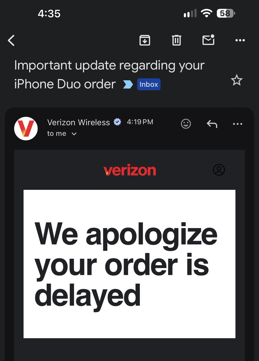 CheeseHeadSLC's tweet photo. @Gynerik @Apple @Verizon Same here, i’ve been trying to get answers from them for the last two days on why it hasn’t shipped, and literally they just barely sent me an email admitting that it’s delayed. https://t.co/kNGMF7Mroz