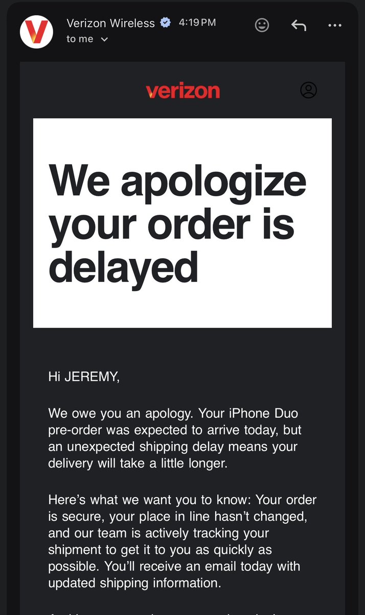 CheeseHeadSLC's tweet photo. @Mattr208 @Verizon Same here! Spent hours trying to get answers from them the last two days, with nothing but lies, only to get this email just pisses me off even more. https://t.co/lUzsKFv7Ry