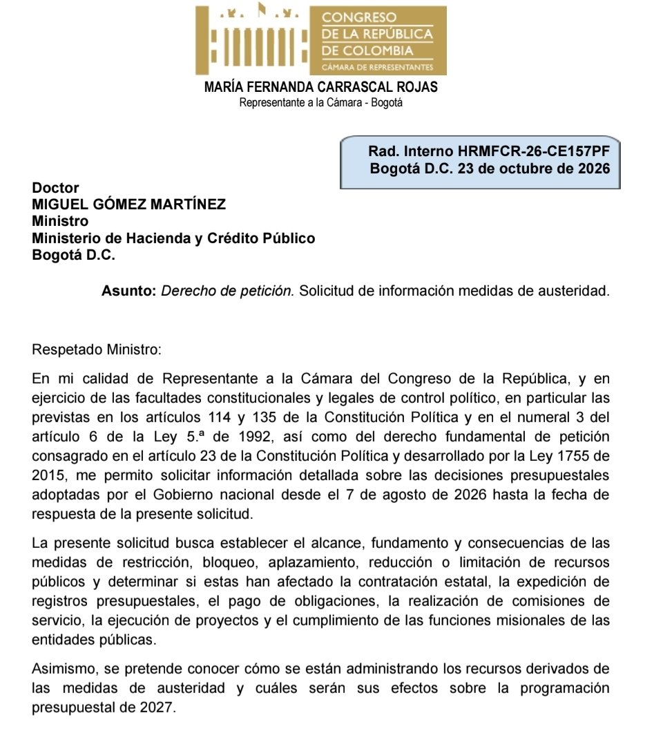 MafeCarrascal's tweet photo. El gobierno de De la Espriella y el ministro Gómez deben responder por el costo social del recorte del gasto público. 

En entidades del orden nacional están terminando unilateralmente contratos y presionando a contratistas para aceptar terminaciones "de mutuo acuerdo", dejando a familias sin ingresos, debilitando la capacidad del Estado y erosionando su legitimidad.

Exigimos explicaciones sobre qué están recortando, con qué justificación y cómo garantizarán los derechos de la ciudadanía.