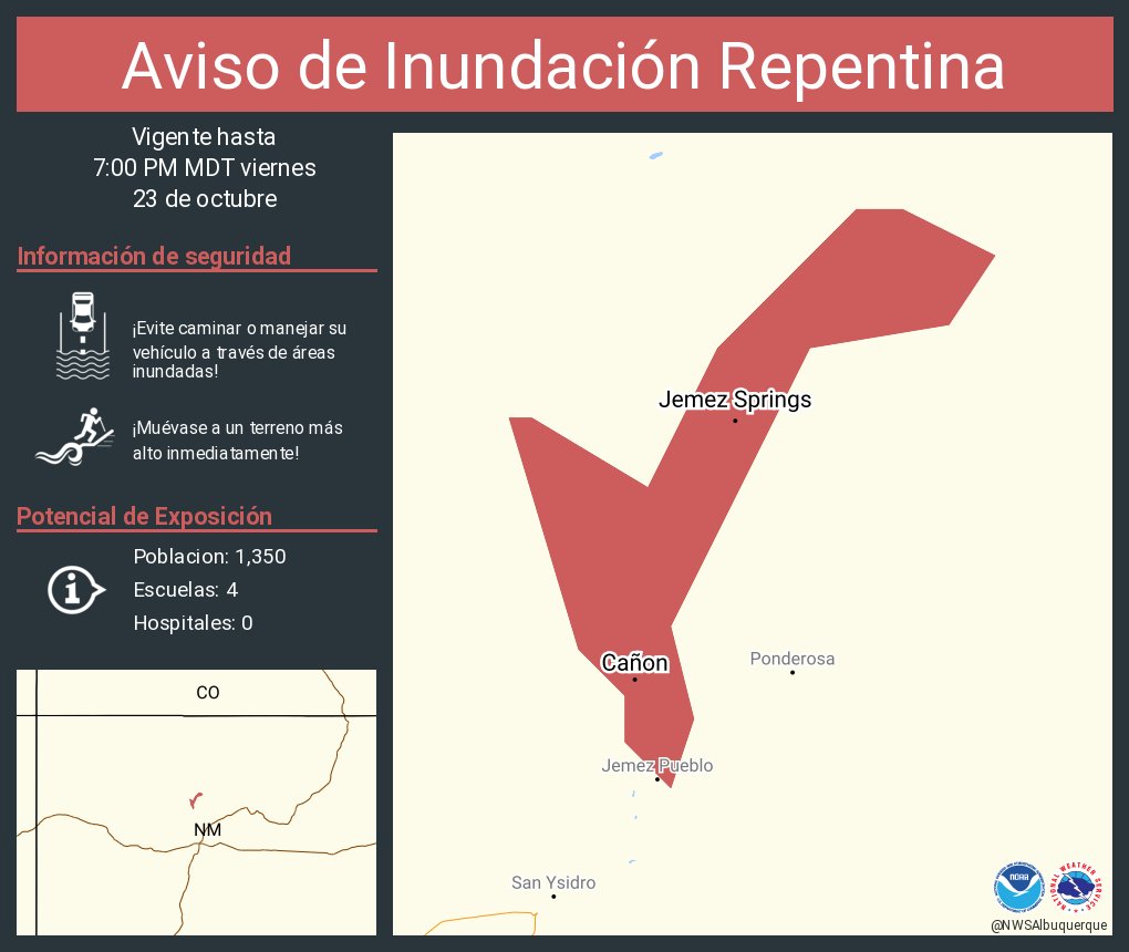 NWSAlbuquerque's tweet photo. Aviso de Inundación Repentina incluye Cañon NM, Jemez Springs NM hasta las 7:00 PM MDT https://t.co/MySqXWbSh7