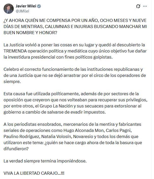 halconada's tweet photo. Caso $LIBRA: el presidente Javier Milei celebró el fallo que lo sobreseyó y habló de una “operación política y mediática” con “fines golpistas” https://t.co/tbEzzkdFER