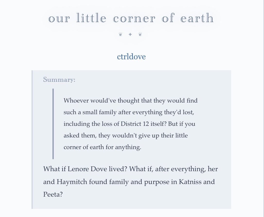 ctrldove's tweet photo. — our little corner of earth | a haydove + everlark fic

#haydove #everlark #thgtwt #sotrtwt 

an alternate universe where haydove is uncle and auntie to everlark. https://t.co/59mTD3836O