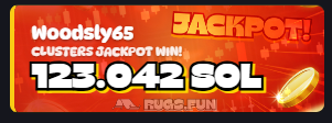 RugsDotFunX's tweet photo. Woodsly65 won a MASSIVE 123.042 SOL jackpot 🤯 https://t.co/Q5ZVTuJ9v4