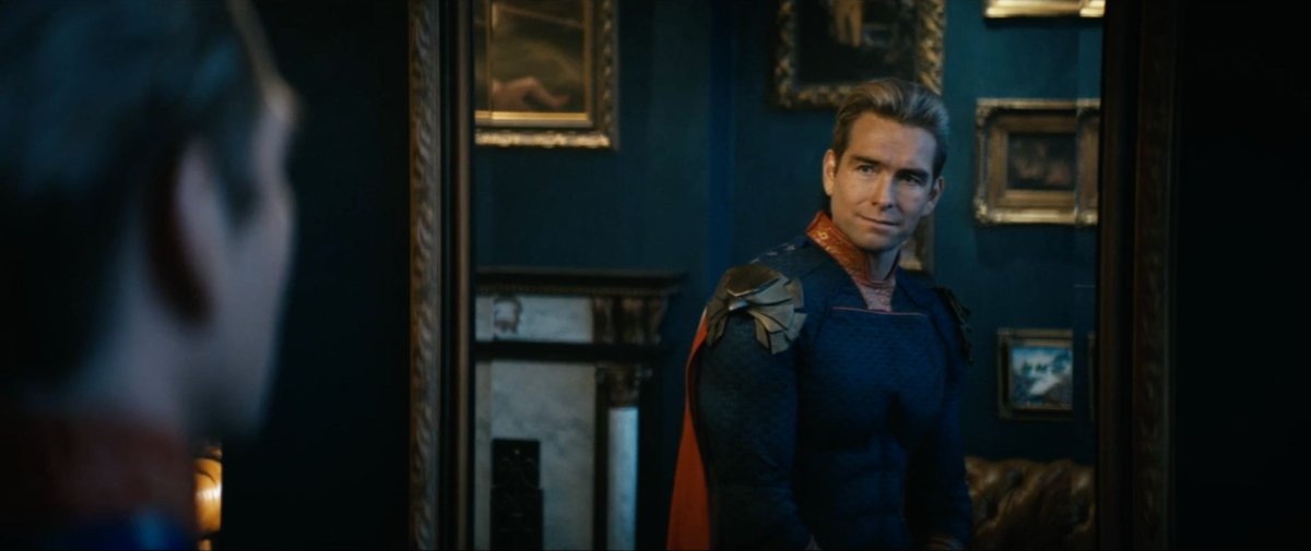 _shotzero's tweet photo. In The Boys Season 3, Homelander has a long conversation with a few of his Selves in a mirror (photos 1-3)

In season 4' “We’ll Keep the Red Flag Flying Here,” the mirror is shattered, depicting how much more fragmented and broken Homelander is (photo 4). https://t.co/vUlkKLMvGK
