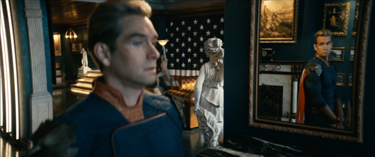 _shotzero's tweet photo. In The Boys Season 3, Homelander has a long conversation with a few of his Selves in a mirror (photos 1-3)

In season 4' “We’ll Keep the Red Flag Flying Here,” the mirror is shattered, depicting how much more fragmented and broken Homelander is (photo 4). https://t.co/vUlkKLMvGK