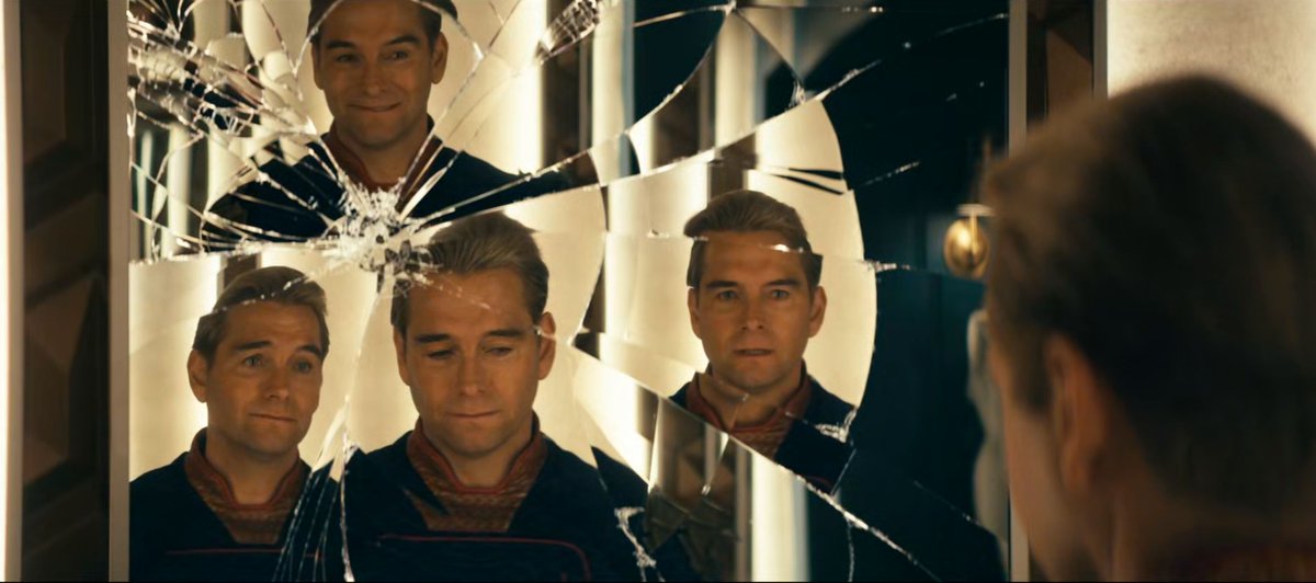 _shotzero's tweet photo. In The Boys Season 3, Homelander has a long conversation with a few of his Selves in a mirror (photos 1-3)

In season 4' “We’ll Keep the Red Flag Flying Here,” the mirror is shattered, depicting how much more fragmented and broken Homelander is (photo 4). https://t.co/vUlkKLMvGK