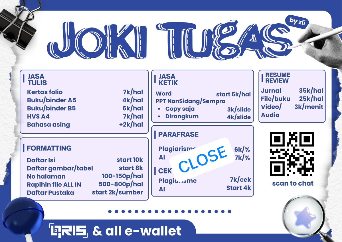 sqvaked's tweet photo. OPEN jasa joki tugas Zii 🙌🏻

AVAIL:
♡ Formatting daftar isi, tabel, gambar, lampiran, penomoran hal, bagan alur
♡ Rapihin word
♡ Daftar pustaka mendeley
♡ Jasa tulis &amp; ketik

t. skripsi makalah laporan

☎ https://t.co/cgjeWaZOiW
f #zonauang https://t.co/178YispXIF