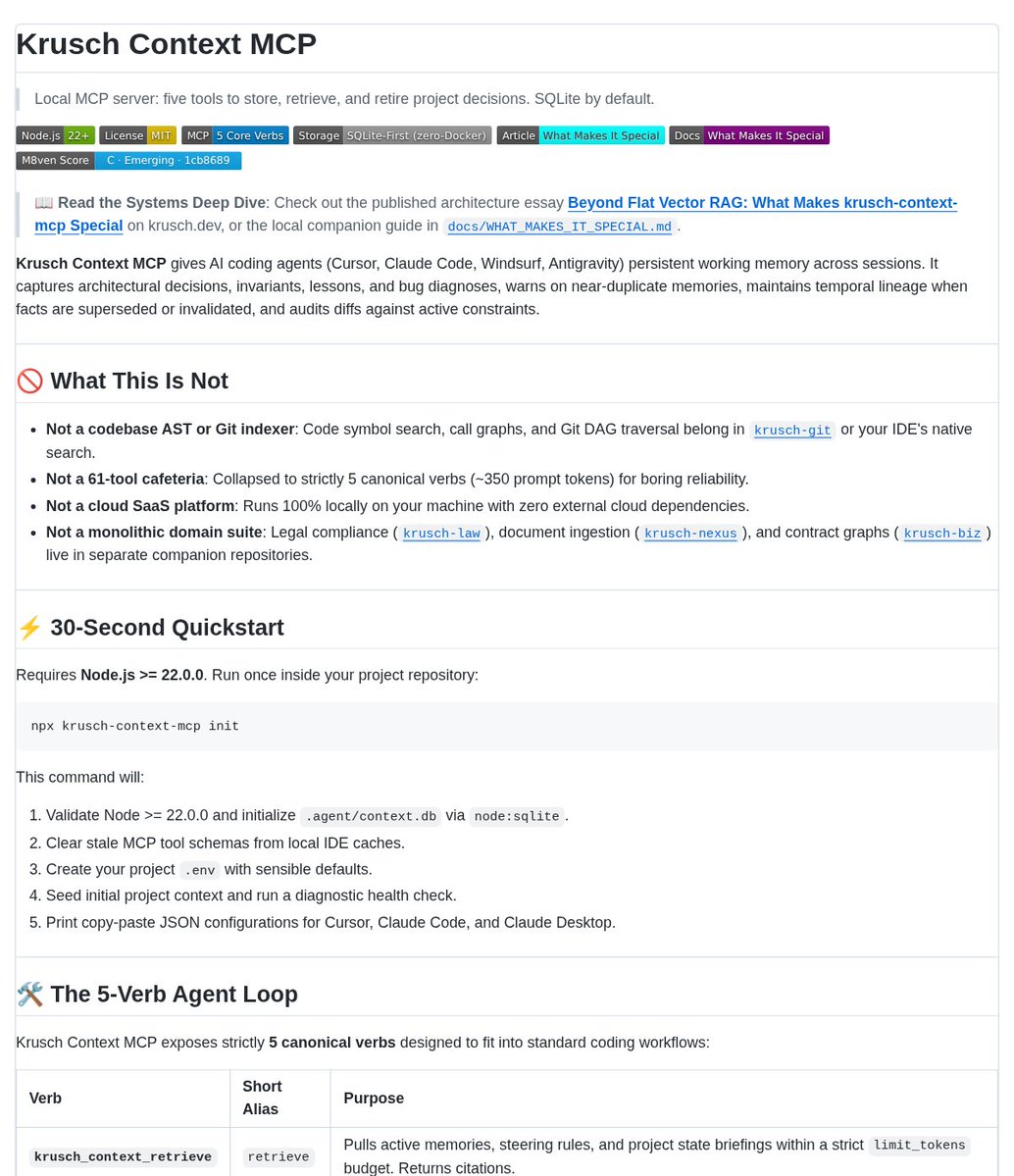 DanKornas's tweet photo. Your coding agent shouldn’t forget why the last decision was made.

Krusch Context MCP is a local MCP server for AI coding agents that keeps project decisions, rules, lessons, and bug diagnoses available across sessions.

It helps you give an agent durable project context by retrieving active memories within a token budget, then keeping that context current with revision and pre-commit checks.

Key features:

• Five canonical tools – retrieve, remember, revise, nudge, and health cover the core memory workflow
• SQLite-first storage – stores context locally in `.agent/context.db` with no Docker required by default
• Temporal lineage – supersede stale facts or invalidate obsolete rules with a recorded reason
• Pre-commit auditing – `nudge` checks proposed diffs against active project invariants and caps findings at three
• IDE setup support – the README includes configuration examples for Cursor, Claude Code, and Claude Desktop

It’s open-source (MIT license).

Link in the reply 👇