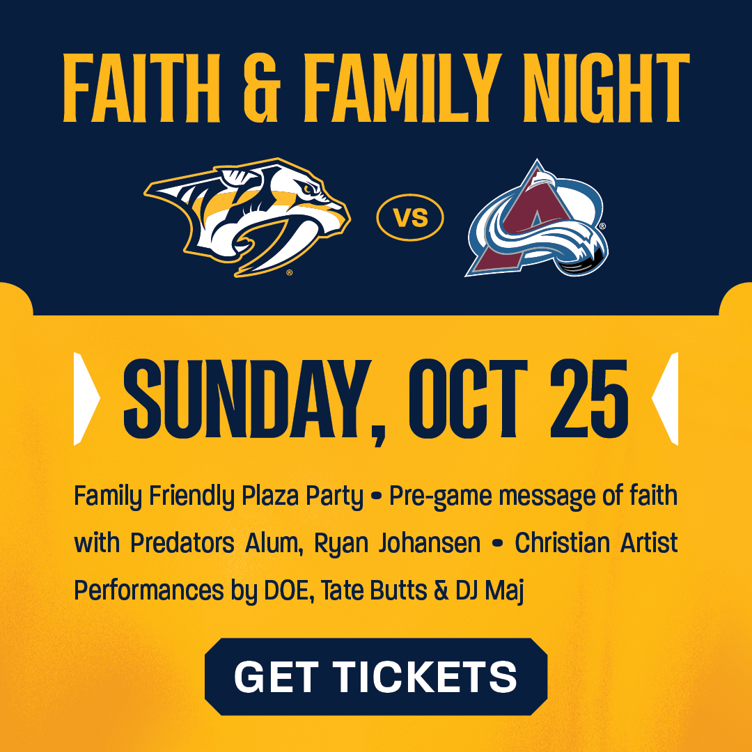 PredsNHL's tweet photo. Join us for Faith &amp; Family Night this Sunday, Oct. 25th vs the Avs at 7 p.m. CT

Preds Alum Ryan Johansen kicks things off with a pre-game message of faith. Get your tickets now » https://t.co/bdi8kvvF9K https://t.co/7eJ8zlobYx