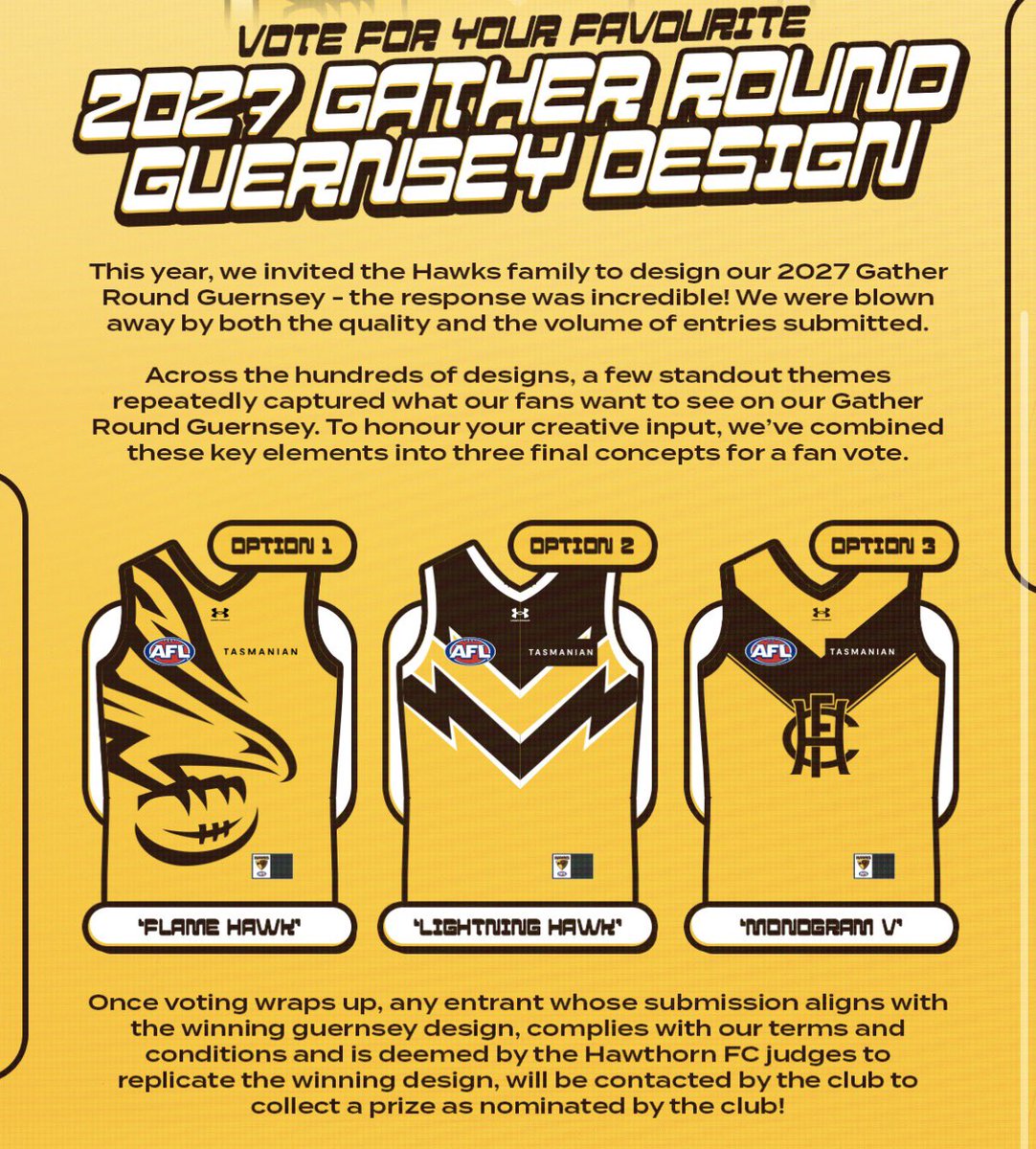 HawksInsiders's tweet photo. 🎽
GATHER ROUND 2027
The club have released the 3 options for 2027 Gather Round!

Which is your favourite? Vote below ⬇️ https://t.co/HAgtziaFpf