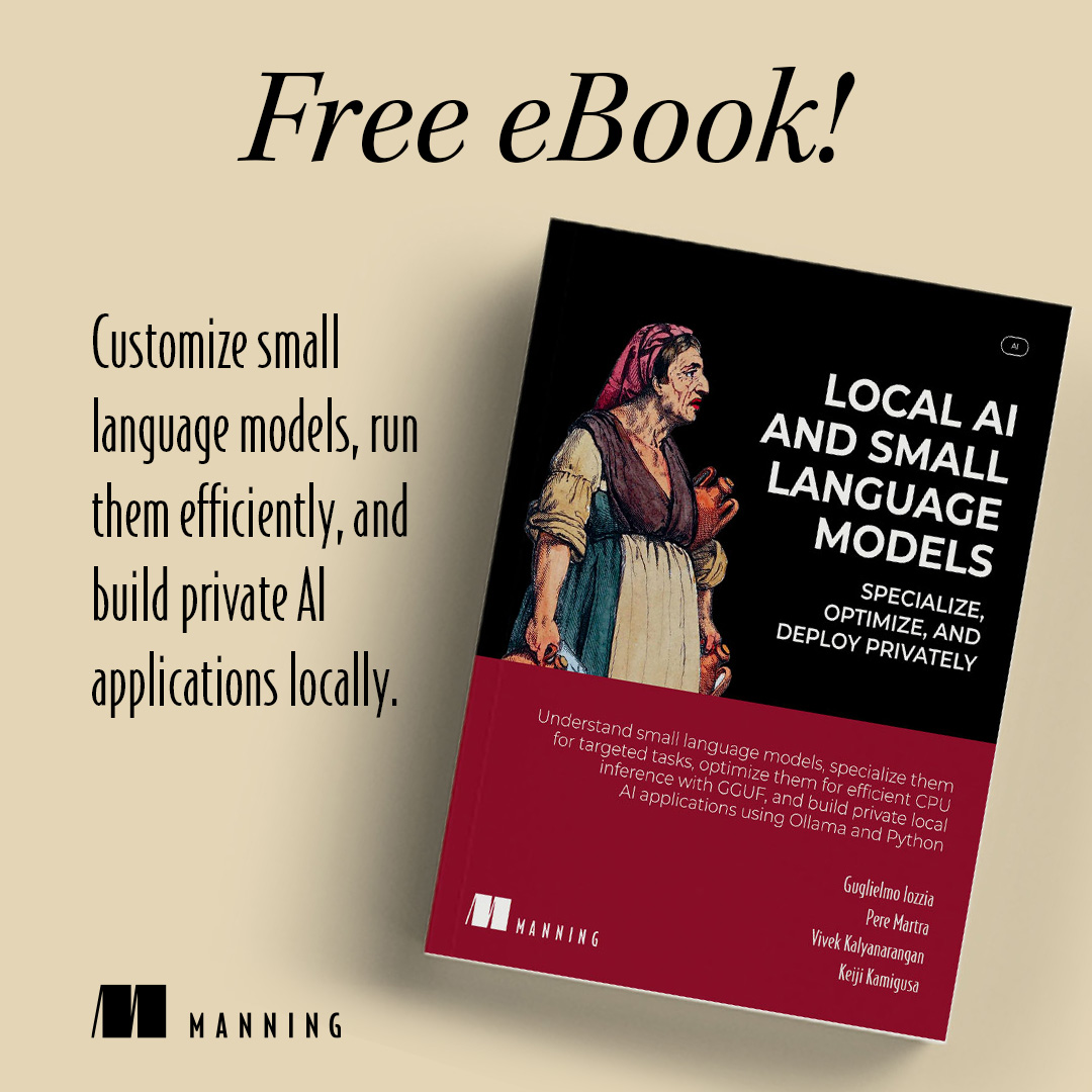ManningBooks's tweet photo. Running AI locally gives you more control over your data, but it also comes with practical challenges.

Our free ebook explores small language models, task-specific customization, efficient CPU inference, and building private AI applications with tools like Ollama and Python.