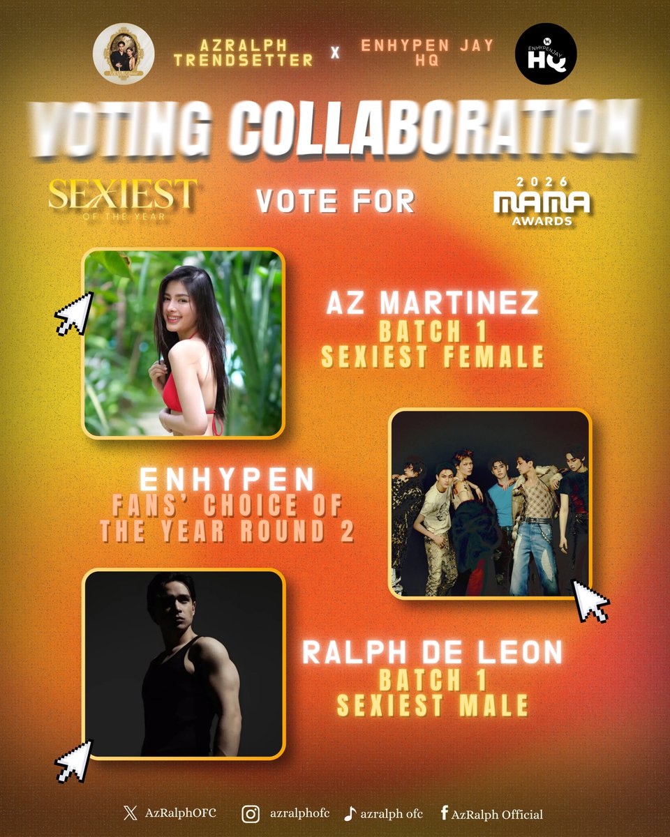 azralph_trends's tweet photo. 𝗩𝗢𝗧𝗜𝗡𝗚 𝗖𝗢𝗟𝗟𝗔𝗕𝗢𝗥𝗔𝗧𝗜𝗢𝗡 🧡💛

We’re teaming up with @ENHYPENJAYHQ to show support to our faves!

🧡 ENGENEs will vote for Az and Ralph in VPCA PIPOL Sexiest Female/Male Batch 1

💛 Razzles will vote for ENHYPEN in the VISA Fans’ Choice Award (Daesang) – Round 2 https://t.co/XO0pmJGKuQ