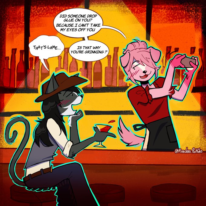 Yami1arts's tweet photo. @darakugirll I love the playful vibe between these two. The flirting and the cat shy reaction are so cute and the bartender teasing makes the whole scene even more fun. Do these two have a story together? https://t.co/p5r3e12iBN