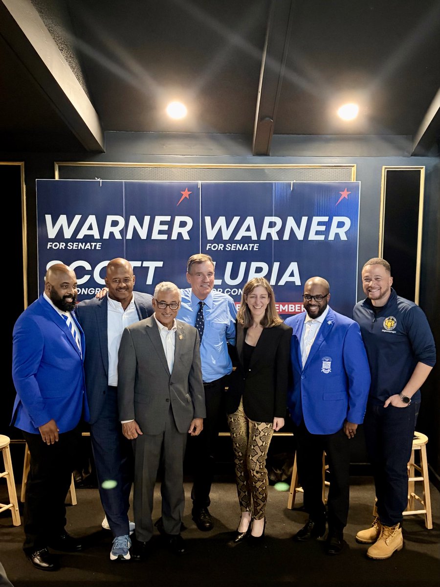 ElaineLuria's tweet photo. It was great to join my good friends @MarkWarner and @BobbyScott4VA3 this evening in Virginia Beach for a happy hour with members of the Divine 9! From the top of the ticket to the bottom, Democrats have a plan to lower costs in Hampton Roads, end corruption in Washington, and put a check on the Trump Administration.