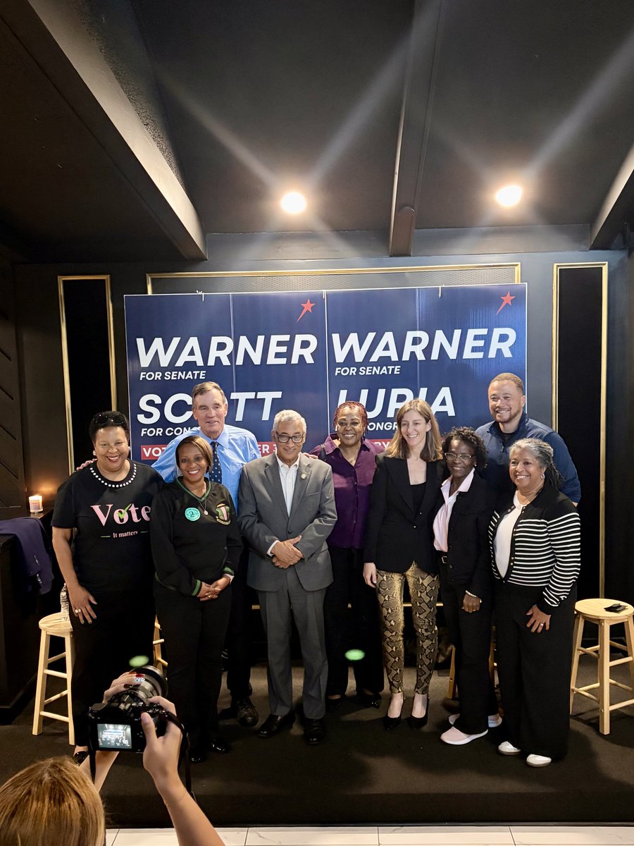 ElaineLuria's tweet photo. It was great to join my good friends @MarkWarner and @BobbyScott4VA3 this evening in Virginia Beach for a happy hour with members of the Divine 9! From the top of the ticket to the bottom, Democrats have a plan to lower costs in Hampton Roads, end corruption in Washington, and put a check on the Trump Administration.