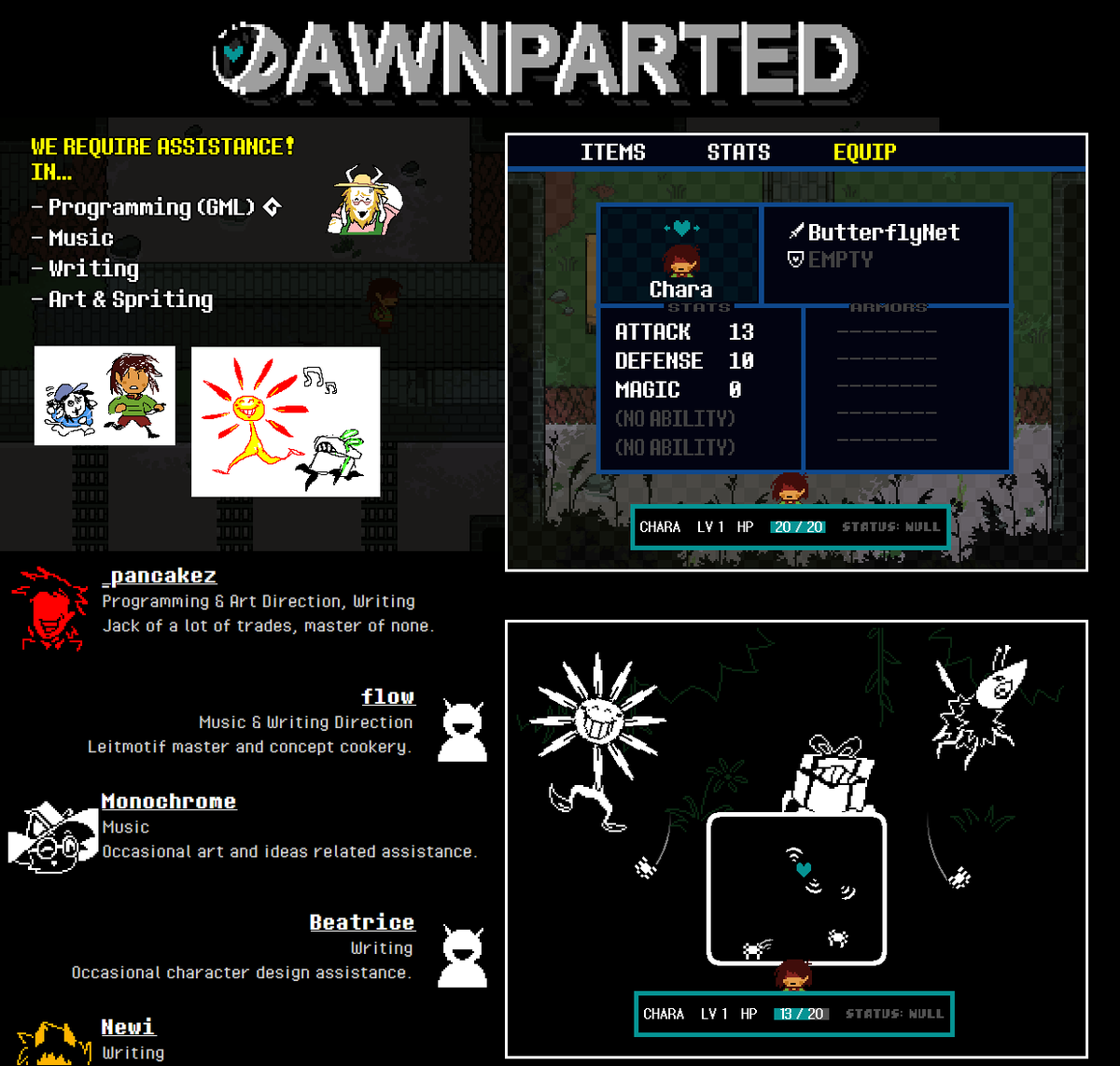 _pancakerz's tweet photo. me and a few other people have been preparing this pretty cool project so check it man. its DAWNPARTED! work on my take.
(we released the first devlog, a battle showcase, team applications, and a few other things. please give it a look. links in replies) https://t.co/WSv5b5jC1z