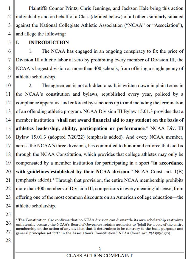 samcehrlich's tweet photo. An eye-raising new lawsuit filed this evening: two former and one current NCAA Division III athletes filed suit against the NCAA over Division III rules barring athletic scholarship, claiming that the restriction amounts to illegal price fixing under antitrust law. https://t.co/lffLEcCDg6