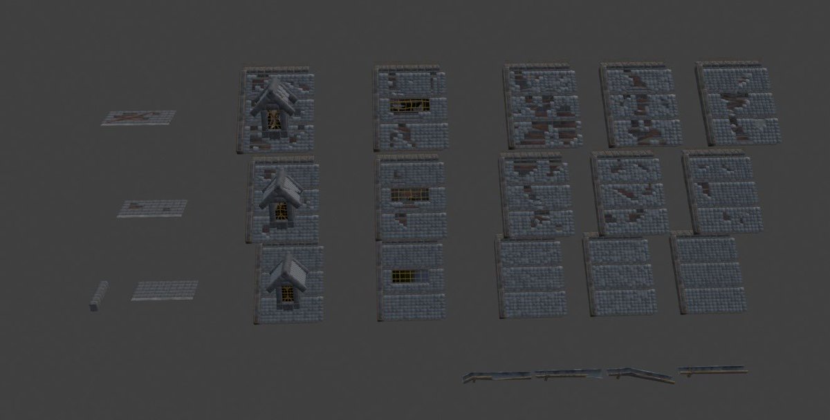 MagipunkTheLast's tweet photo. After a lot of work, i finally finished the firts modular kit of buildings for the game... Did several versions of destruction level! https://t.co/OObZRJ6buL