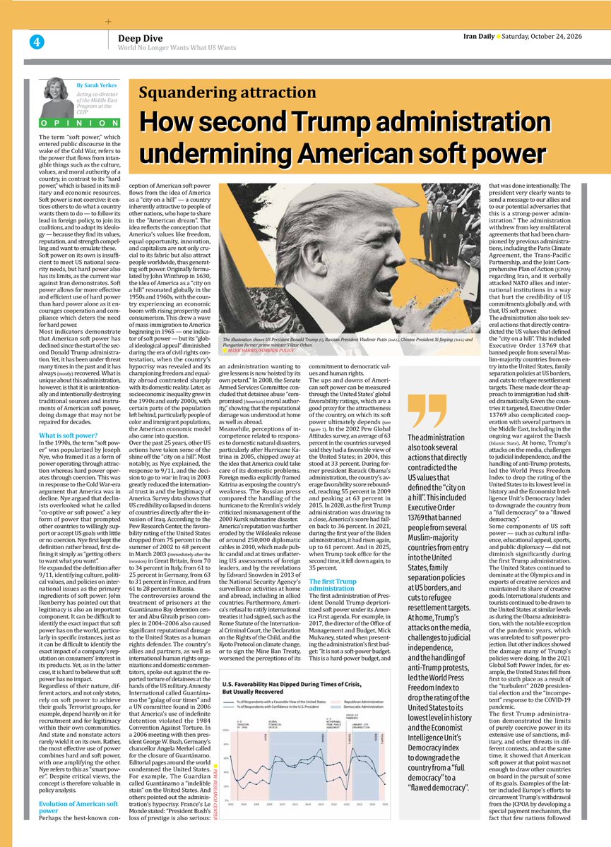 IranDailyWeb's tweet photo. Squandering attraction
How second Trump administration 

Opinion 
undermining American soft power
By Sarah Yerkes
Acting co-director of the Middle East Program at the CEIP
https://t.co/IuPAFyx3hb https://t.co/CB87MJqJfB