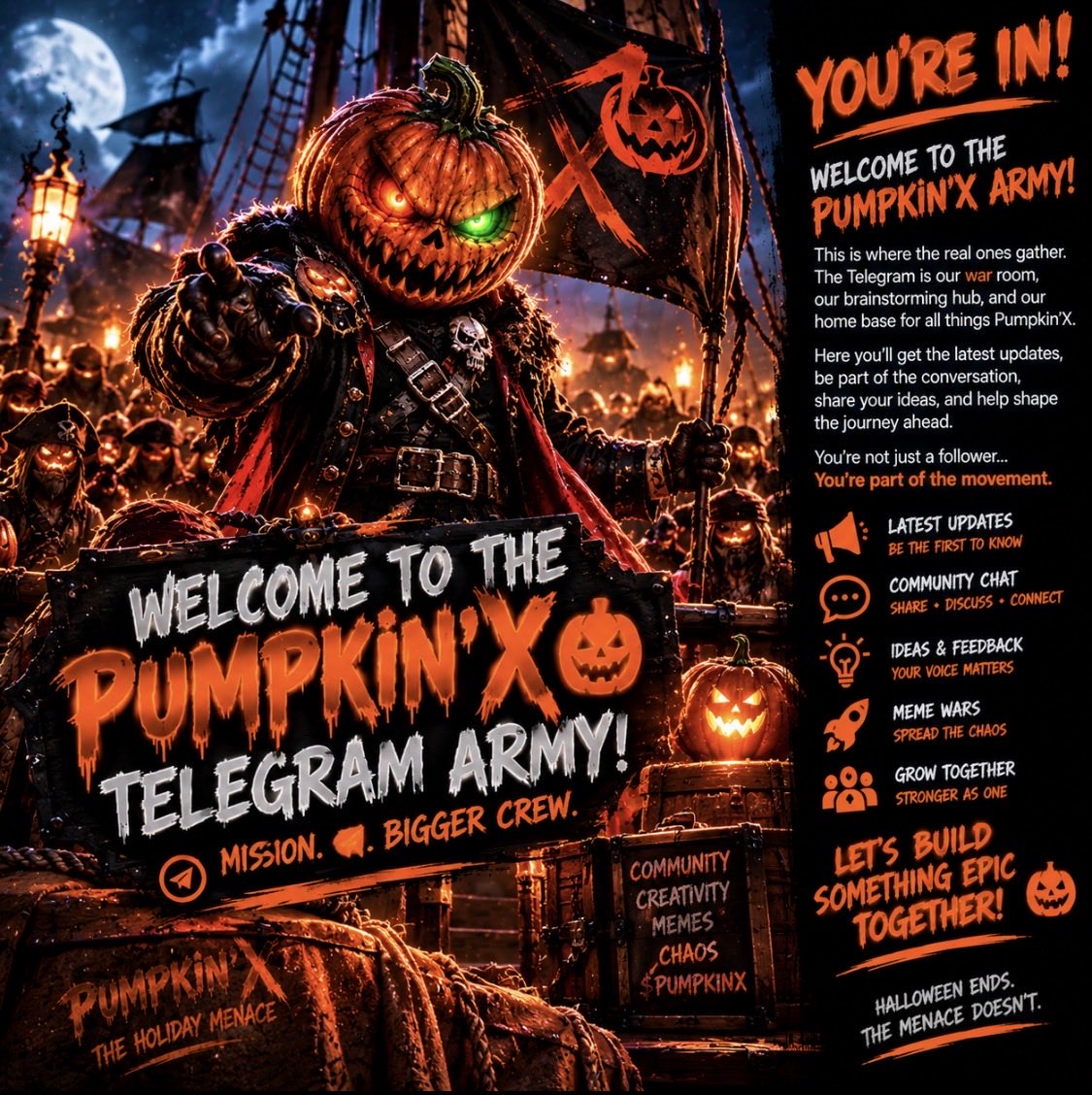Pumpkin_XSol's tweet photo. 🎃🔥 PUMPKIN’X ARMY, WE NEED YOU IN THE TELEGRAM! 🔥🎃

Pumpkin’X is more than just a coin — it’s a community built around a mission! 🧡🖤

👻 Welcome to the Pumpkin’X Telegram HQ! 👻

This is where the Pumpkin Army comes together to:
🎃 Get the latest Pumpkin’X updates
🔥 Coordinate raids and community missions
🧟 Share memes, ideas, and Halloween chaos
🏆 Participate in contests and community events
🚀 Help grow the project and bring more people into the army!

We’re building something together, and every member counts. Whether you’re here for the memes, the mission, or the movement, there’s a place for you in the Pumpkin Army!

DON’T WATCH THE MOVEMENT FROM THE OUTSIDE. JOIN THE ARMY! 🎃⚔️

👇 JOIN THE OFFICIAL TELEGRAM
https://t.co/JutGopmDM7

🐦 Follow us on X: https://t.co/chtBAFVhEw

🌐 Website: https://t.co/4F87F9wnxW

ONE ARMY. ONE MISSION. PUMPKIN’X TO THE MOON! 🎃🚀🧡

#PumpkinX #PumpkinArmy #CryptoCommunity #Memecoin