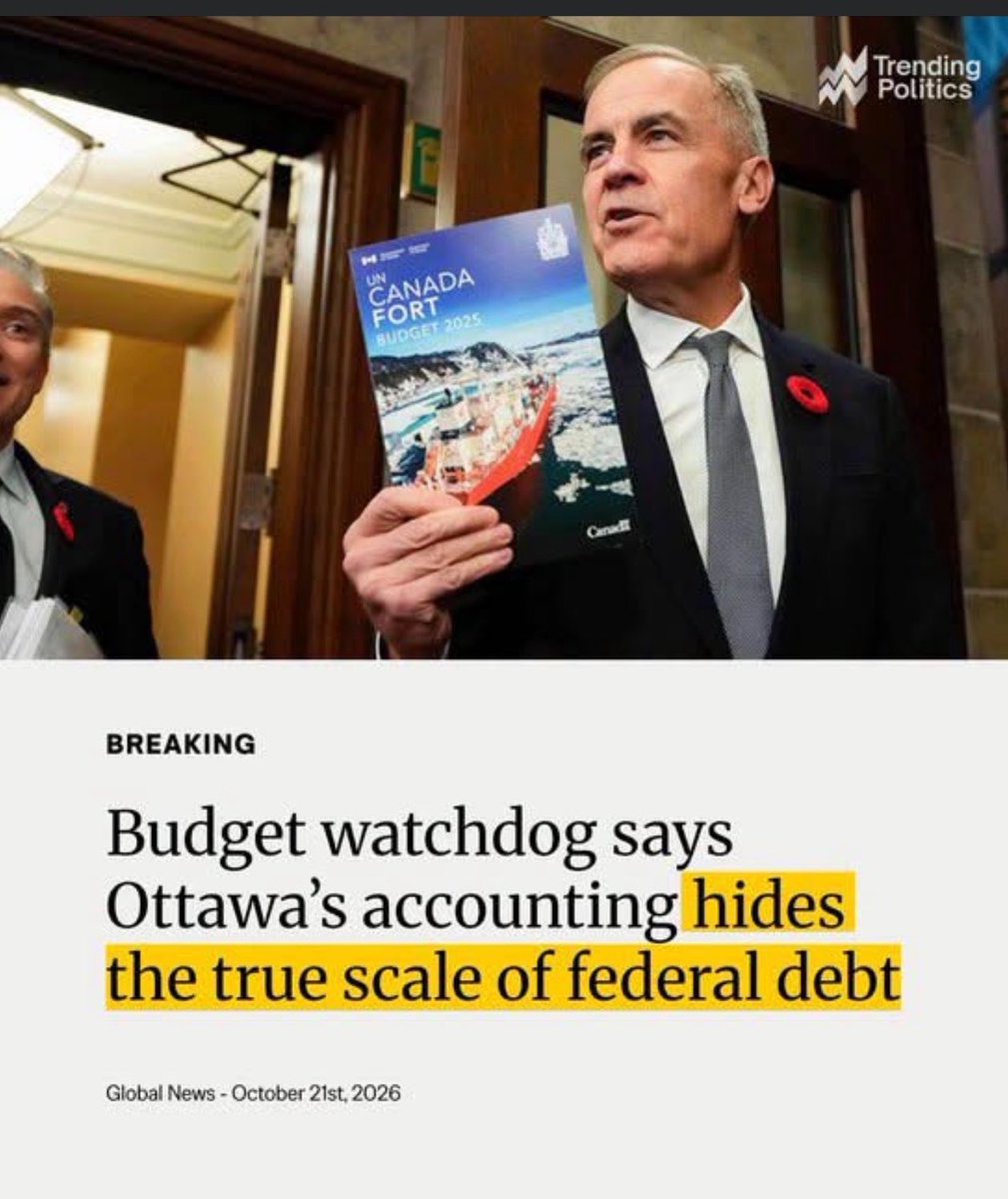 JayGenXer's tweet photo. The Parliamentary Budget Officer just said Ottawa’s accounting “obscures the true scale of federal debt.”

Loans to Crown corporations and capital spending are booked as assets instead of expenses. That keeps them off the annual deficit number while the actual borrowing still happens.

The PBO projects federal debt hitting $1.67 trillion by 2030-31. Interest charges climb to $83 billion that same year.

Carney ran as the adult who would clean up the books. The independent watchdog says the books are being presented in a way that hides how fast the debt is actually growing.

Interest is already the fastest-growing expense. By the end of the decade it will take more money than Ottawa currently sends the provinces for health care.

Kids and grandkids get the bill either way. The only question is whether the government is willing to show the full number while they’re still writing the cheques.

#cdnpoli