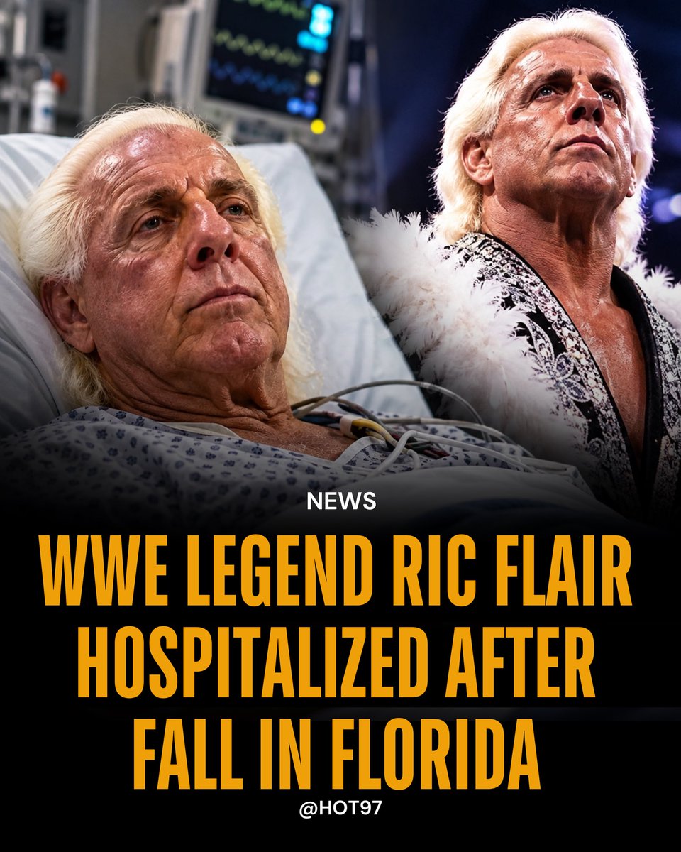 HOT97's tweet photo. Ric Flair was reportedly hospitalized Friday, Oct. 23, hours after revealing he was dealing with a blood clot in his leg.

The retired professional wrestler, 77, was rushed to a hospital after falling outside a restaurant in Florida, TMZ reported. https://t.co/czjRxNsWil