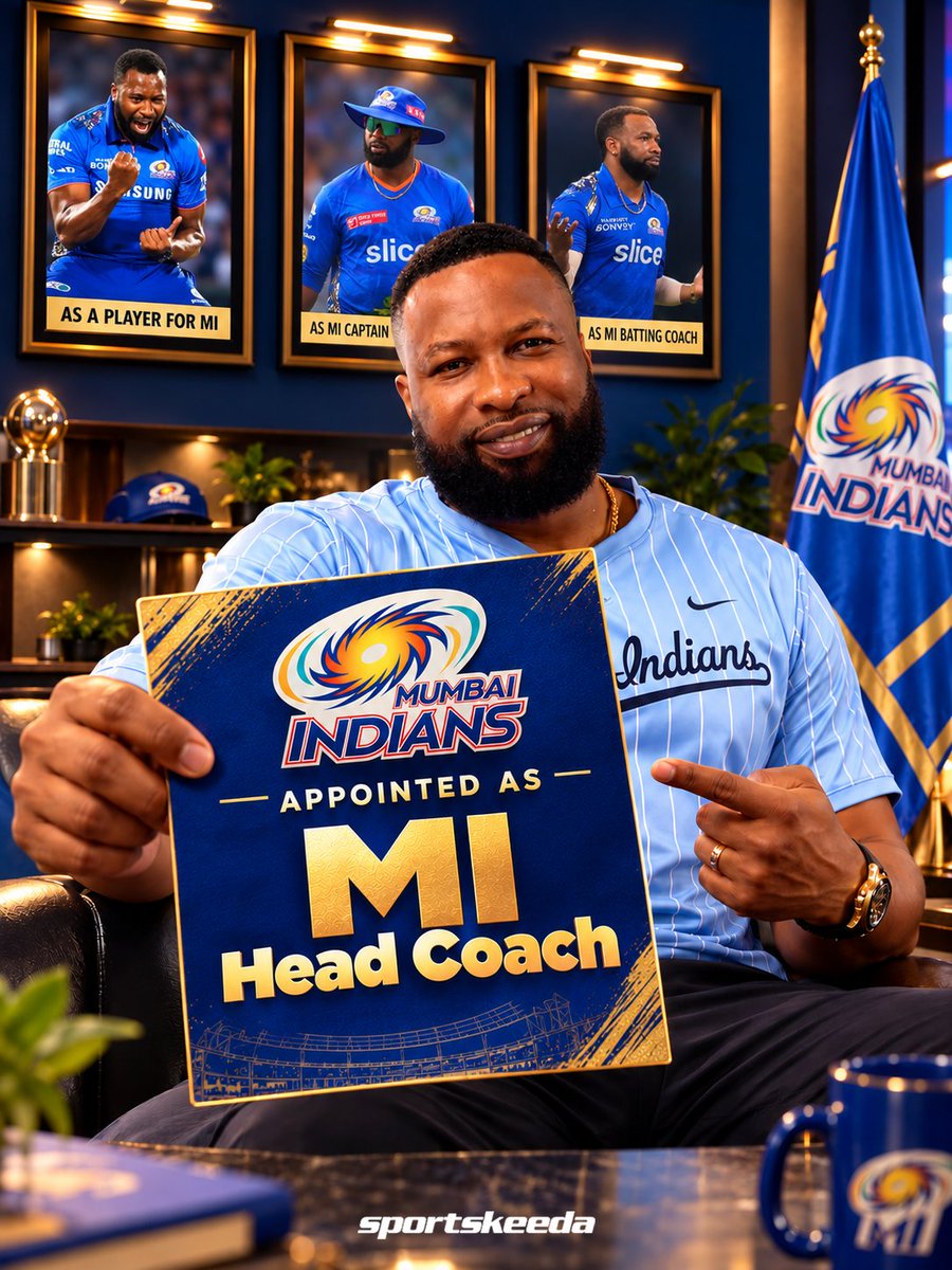 Sportskeeda's tweet photo. Player for MI ✅
MI captain ✅
MI batting coach ✅
MI head coach ✅

Kieron Pollard takes on a new role with Mumbai Indians! 💙👊

#MI #IPL2027 #SKC #Sportskeeda https://t.co/LxYlXiYID3