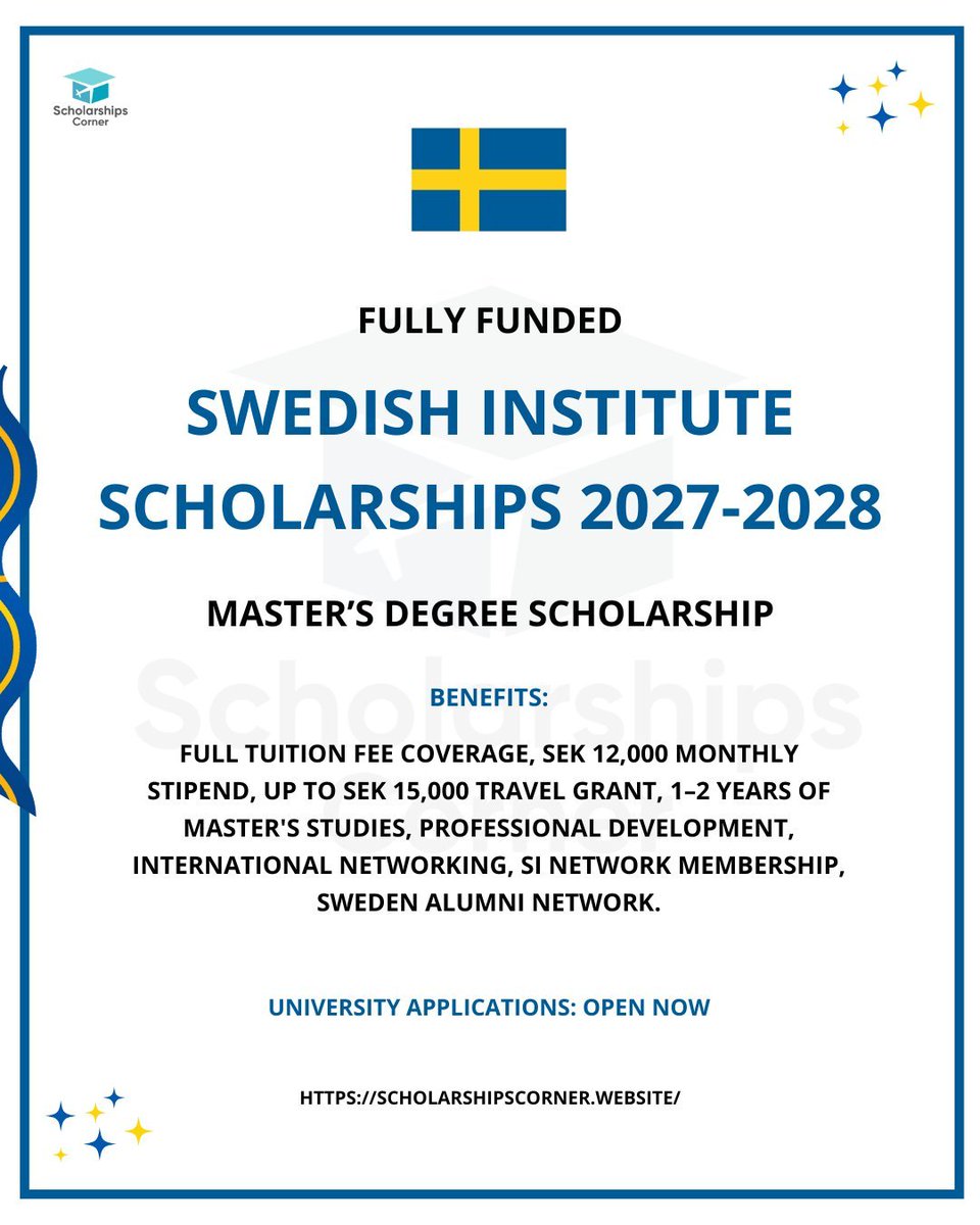 PantamiFound's tweet photo. Swedish Institute Scholarships 2027–2028: Fully Funded Master’s Degrees in Sweden

Are you planning to pursue a Master’s degree in Europe? The Swedish Institute Scholarship for Global Professionals offers eligible international applicants an opportunity to study at participating universities in Sweden with substantial financial support.

Scholarship Details

- Host country: Sweden
- Scholarship provider: Swedish Institute (SI)
- Degree level: Master’s
- Duration: 1–2 years
- Eligible nationalities: Citizens of selected countries, including Nigeria
- Academic year: 2027–2028

Scholarship Benefits

Successful applicants receive:

- Full tuition fee coverage.
- Monthly living allowance of SEK 12,000.
- One-time travel grant of up to SEK 15,000, subject to the applicable conditions.
- Membership of the SI Network for Global Professionals.
- Access to the Sweden Alumni Network after the scholarship.
- Opportunities for professional development and international networking.

Who Can Apply?

Applicants generally must:

- Be citizens of an eligible country.
- Apply for an eligible Master’s programme at a Swedish university.
- Meet the university’s admission requirements and be liable to pay tuition fees.
- Have relevant work experience.
- Demonstrate leadership experience through employment, entrepreneurship or civil society engagement.

Meeting the eligibility requirements does not guarantee selection.

Important Application Dates

- University admission deadline: 15 January 2027.
- Swedish Institute scholarship application period: 8–24 February 2027.
- Eligible programme list and application documents: Expected to be published on 13 November 2026.

Applicants must first apply for eligible Master’s programmes through the central university admissions system before submitting a separate scholarship application.

How to Apply

1. Explore eligible Master’s programmes.
2. Submit your university application before 15 January 2027.
3. Prepare the required evidence of work experience, leadership and other supporting documents.
4. Submit your Swedish Institute scholarship application during the February application window.

Official Scholarship Website:
https://t.co/QwMMeNPQhT

Additional Information:
https://t.co/EUccK4gz0R

The Professor Isa Pantami Foundation (PIP Foundation) shares educational opportunities as part of its commitment to promoting access to education, research and international development opportunities across Africa.

#SwedishInstitute #SwedenScholarships #FullyFundedScholarship #MastersScholarship #StudyInSweden #Scholarships2027 #PIPFoundation