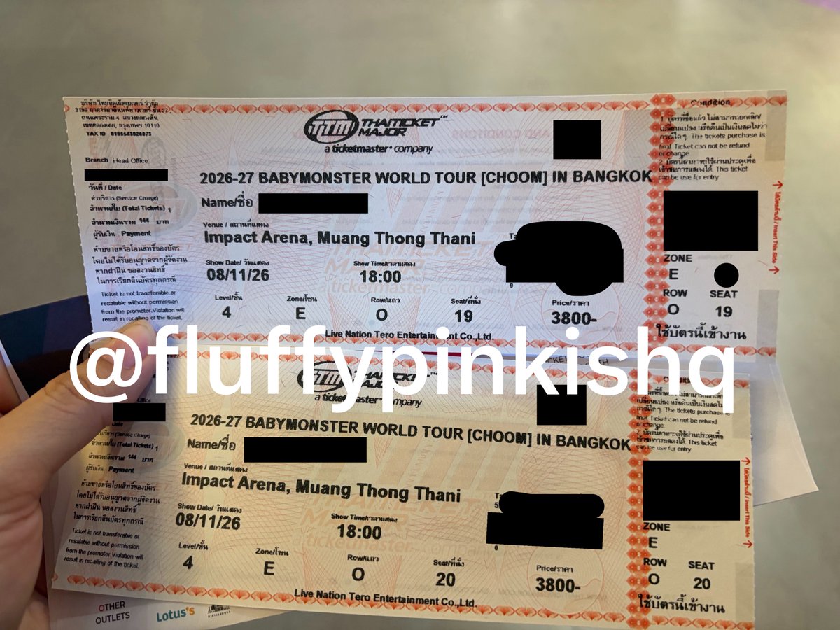 fluffypinkishq's tweet photo. ขายบัตร BABYMONSTER CHOOM IN BANGKOK 📣

- Zone E |  มี 2 ใบ (ซื้อคู่ลดให้อีก)
- 3,500 บาท ลดจากราคาหน้าบัตร
- 8 Nov 2026

นัดรับได้ BTS MRT 
มีหลักฐานการซื้อ สนใจ DM ได้ค่ะ 🙏🏻

#BABYMONSTERinBANGKOK
#ตลาดนัดเบม่อน 
#CHOOM_IN_BANGKOK 
#เบม่อนออนทัวร์2026 https://t.co/9sOgdIlzUT
