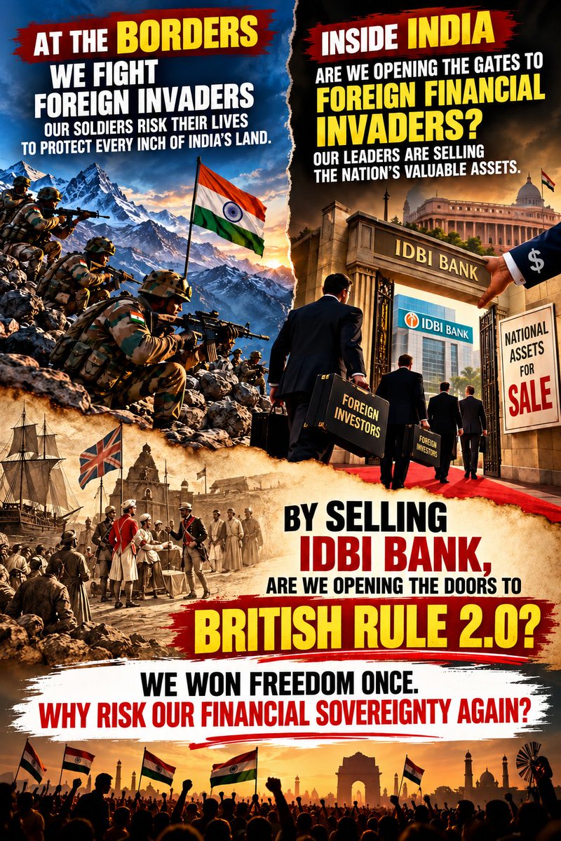saveidbibank64's tweet photo. could India risk losing some control over its own financial systems?
By selling IDBI ,are we opening doors tp British rule 2.0 ?
#standwithIDBI https://t.co/yyQbXHoNQB
