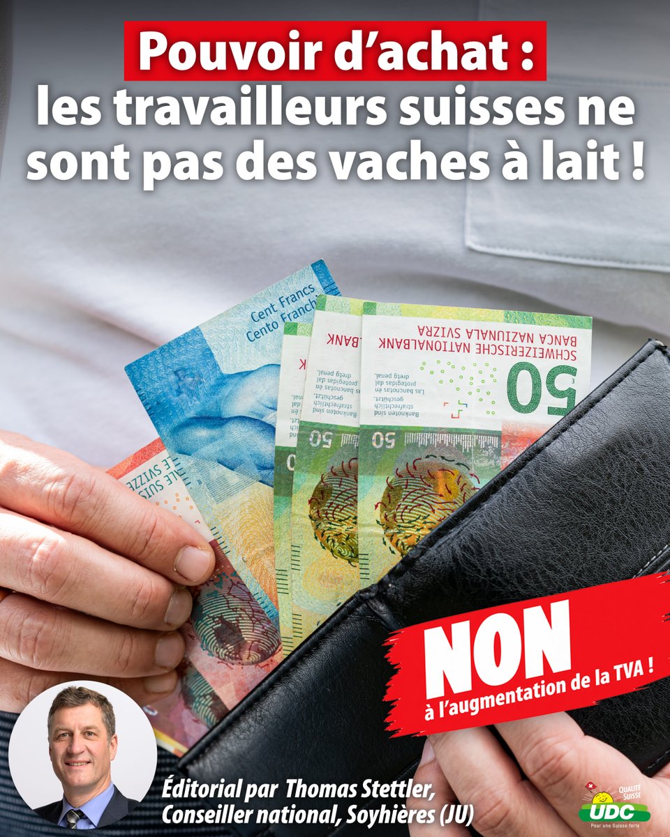 UDCch's tweet photo. Pour l’UDC, préserver le pouvoir d’achat doit rester une priorité de la politique fédérale et c’est pourquoi elle dit NON à l’augmentation de la TVA ! 👉🏼 https://t.co/Xjk0fjl3fl https://t.co/vj1Ctyamlh