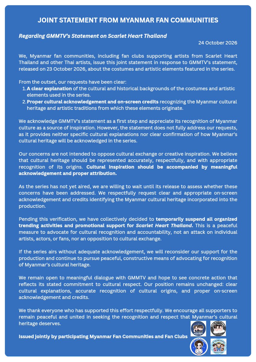 jnrsmakjt's tweet photo. Joint Statement from Myanmar FCs
 For Scarlet Heart Thailand series  ‼️ @GMMTV @ScarletHeartTH
I hope you'll listen our voices .

CULTURAL HERITAGE RECOGNITION

#RecognizeMyanmarCulturalHeritage
#CulturalCreditMatters 
#ScarletHeartTH #GMMTV https://t.co/TXSWWS7tDt