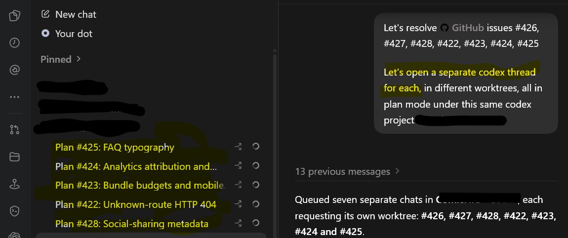 MithunShanbhag's tweet photo. You can ask #codex to spawn sub-agents to divide and conquer a workload. But better yet, you can ask it to create new conversations/threads (each using a separate worktree). https://t.co/miJc8ltHT8