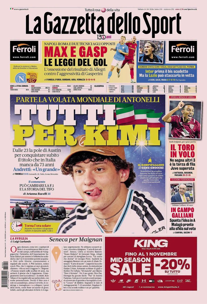 TuttiMarotta's tweet photo. #24ottobre

#Inter BIS SCUDETTO BENE ✅

#juventus superata dal TORO MALE❌
 #milan titolo di Garlando su Maignan MALE ❌

#gazzate 🌸 https://t.co/YEX0SgGWSU